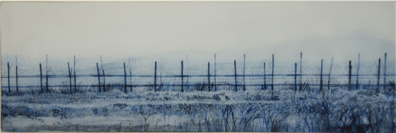 Saba Qizilbash,&nbsp;Bordertown 1,&nbsp;2020,&nbsp;Soluble graphite and resin on paper mounted on wood, 4 x 12 in, &nbsp;