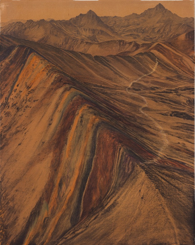 Saad Qureshi,&nbsp;In The Dark Peace,&nbsp;2018,&nbsp;Mixed media including brick-dust, charcoal, colored pencil, ink on birch plywood, 40.4 x 32.5 in