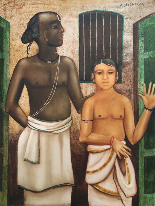 Anjolie Ela Menon,&nbsp;Guru and Acolyte,&nbsp;2017,&nbsp;Oil on Masonite board, 48 x 36 in