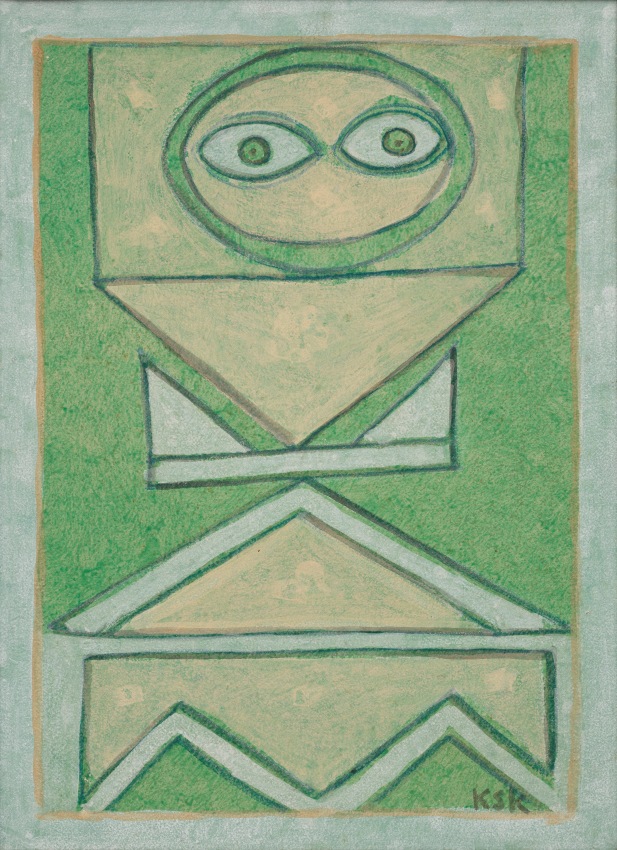 Green figurative painting in a folk inspired style