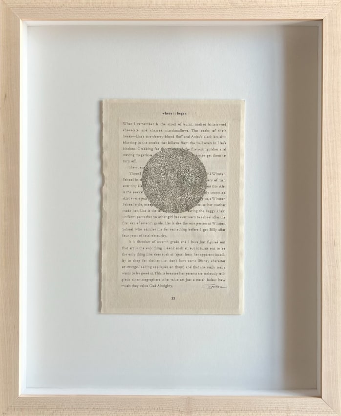 Youdhisthir Maharjan, Where it Began, 2019, Hand-cut text collage on reclaimed book pages, 8.25 x 5.5 in