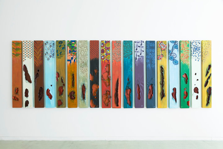 Peju Alatise, Lost,&nbsp;2015,&nbsp;18 mixed media panels,&nbsp;60 x 8 in each