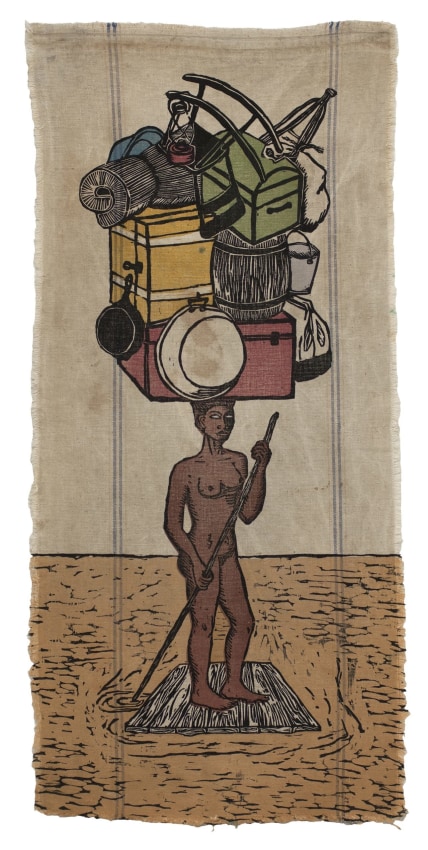 Alison Saar, Breach, 2017,&nbsp;Ed. 9/18,&nbsp;Woodcut on vintage linen seed sacks,&nbsp;43.25 x 19.5 in (109.85 x 49.53 cm)