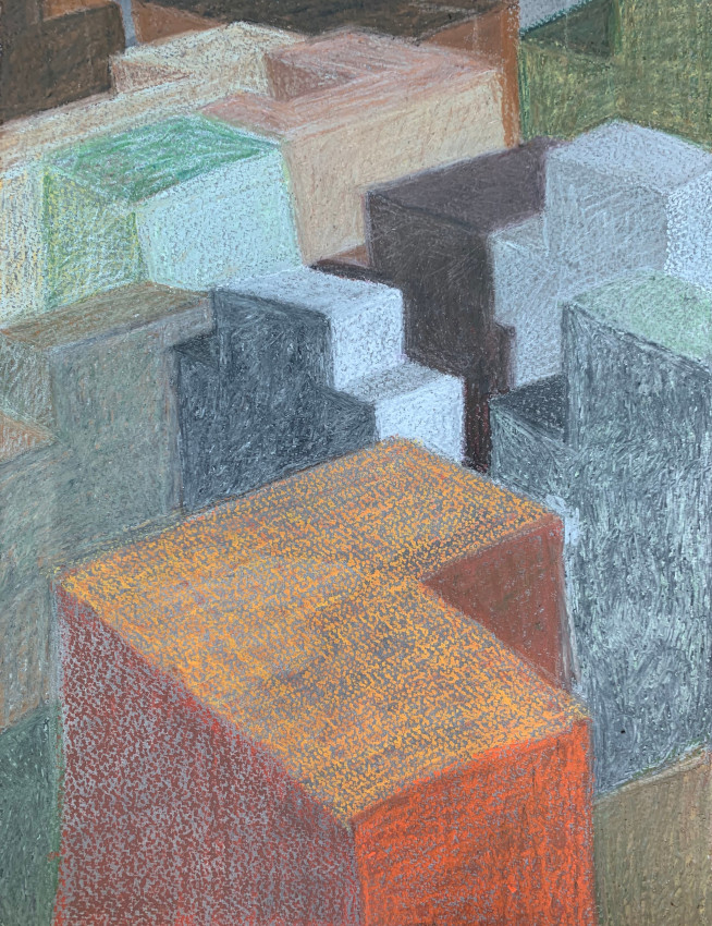 Pastel drawing of a cityscape from birds-eye-view
