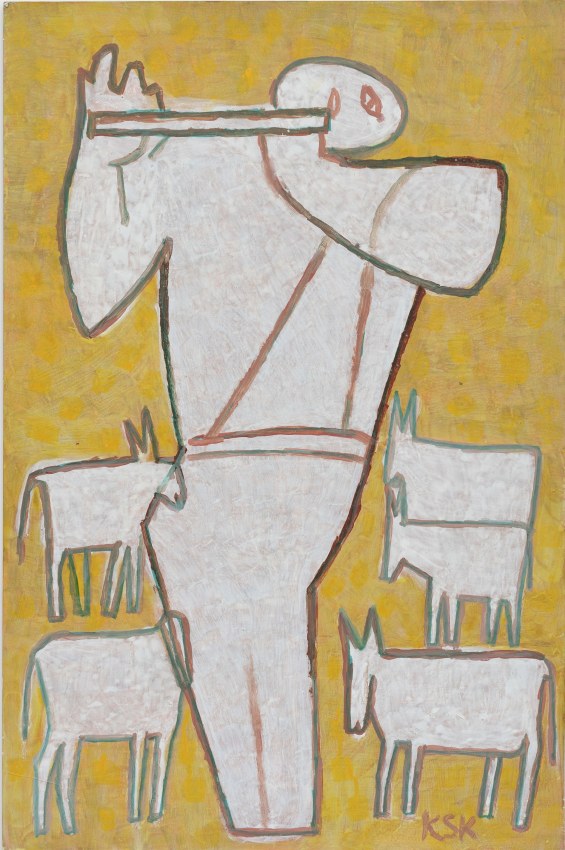 K. S. Kulkarni,&nbsp;Krishna and Cows, n/d, Acrylic on paper, 31.5 x 21 in