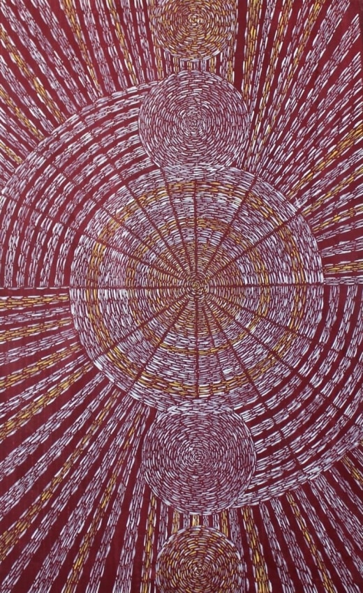 Abstract painting with red, orange and white tones