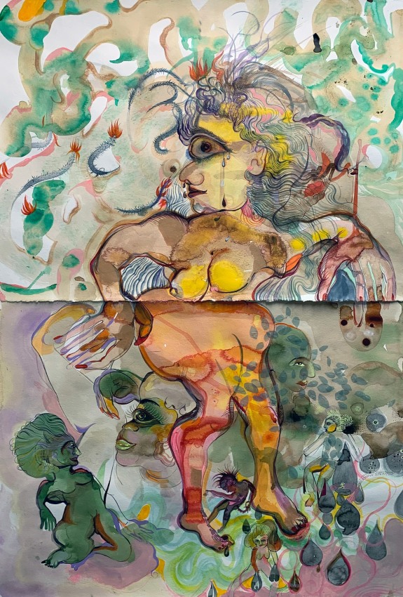 Rina Banerjee,&nbsp;Untitled,&nbsp;2021, Acrylic, ink and collage on paper, 44 x 30 in