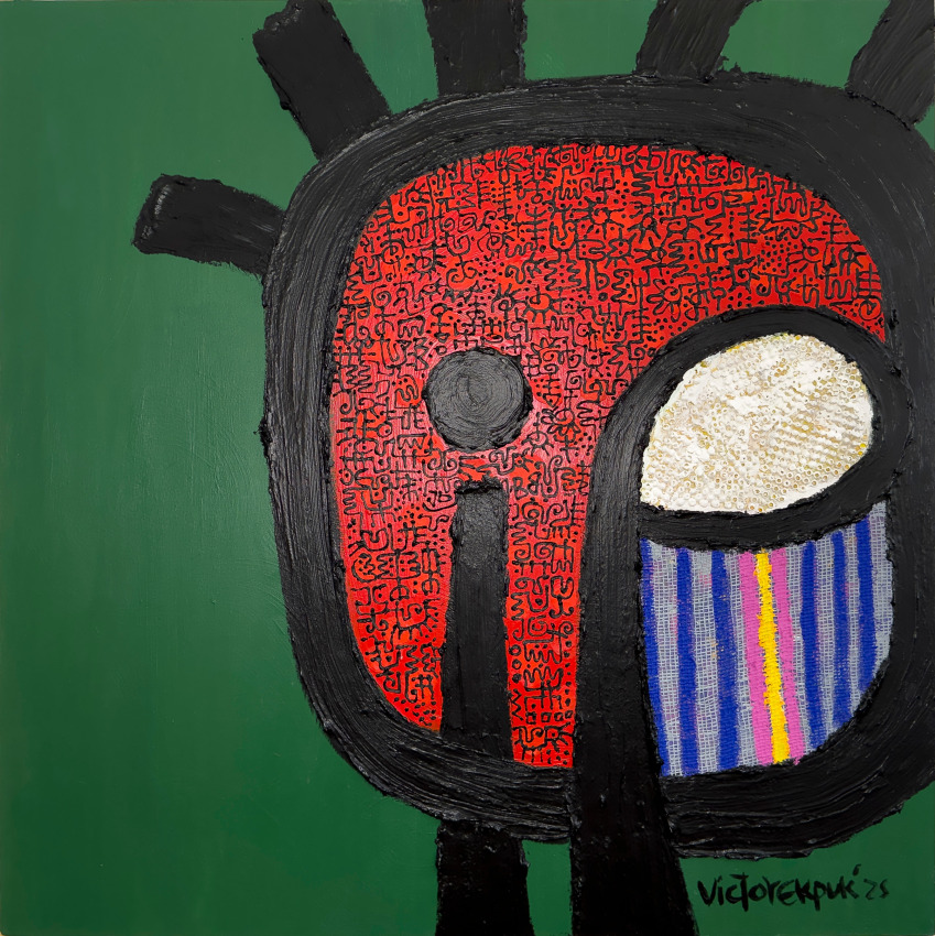 Abstract painting with red, green, white, blue, yellow and pink with black strokes