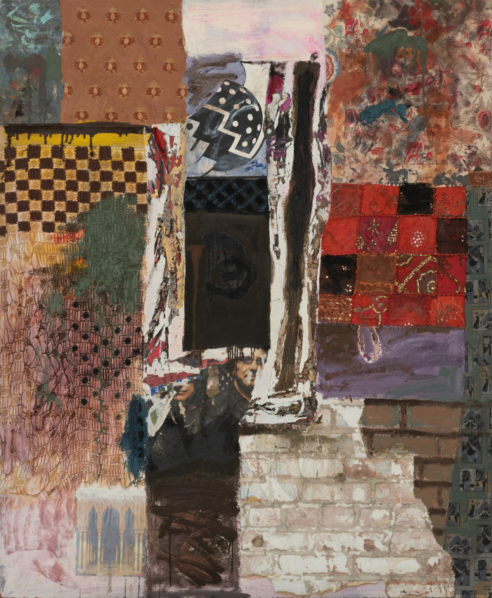 Mohammad Omer Khalil, Sigh, 1942 I,&nbsp;2010,&nbsp;Oil and collage on wood,&nbsp;68 x 56&nbsp;in