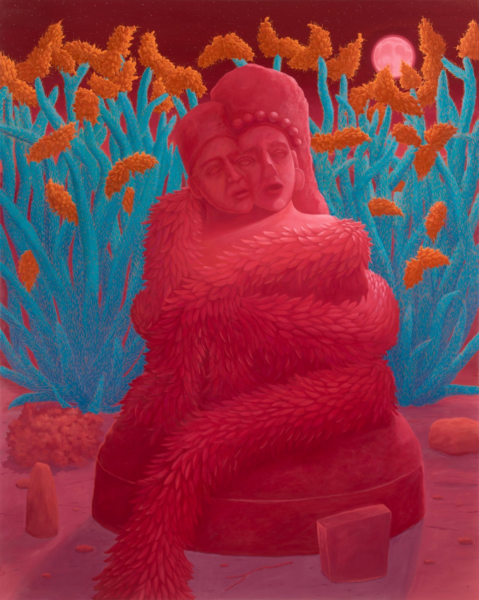 Large Aztec like sculpture in an imagined landscape in pink and teal tones