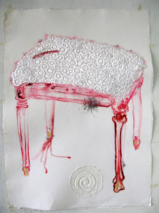 Mithu Sen, Sit or not,&nbsp;Watercolour, ink, fabric, gold foil drawing and collage on acid free Indian handmade paper,&nbsp;30 x 20 in