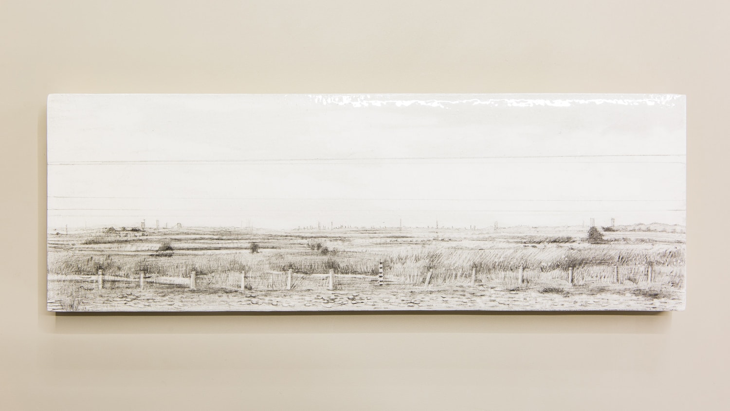 Saba Qizilbash,&nbsp;Landmarks 1,&nbsp;2018,&nbsp;Graphite and epoxy on paper, mounted on wood,&nbsp;4 x 12 in