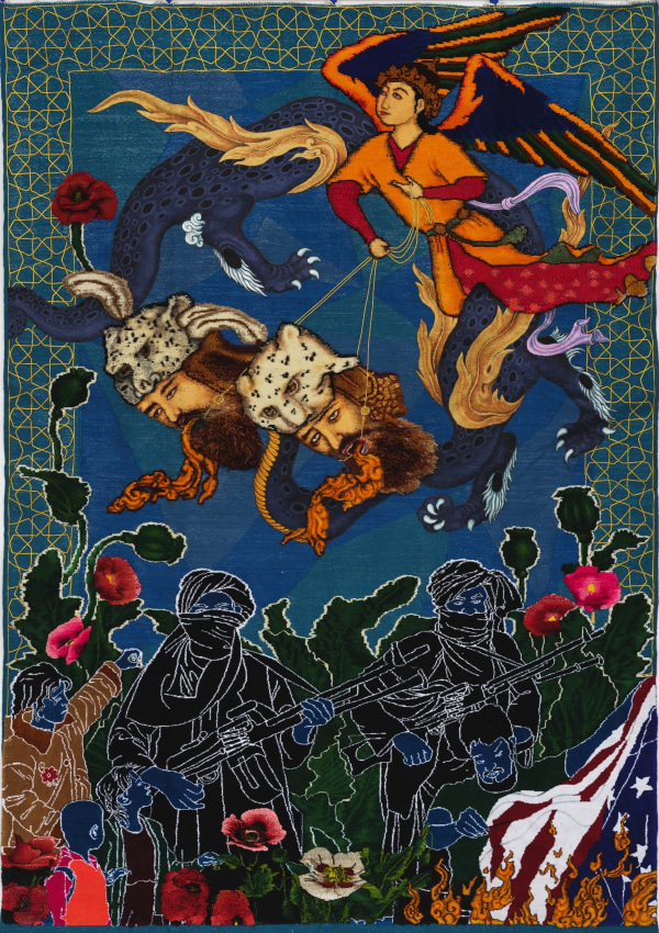 Khadim Ali,&nbsp;Tell Us, You Tell Us,&nbsp;2020,&nbsp;Hand-woven wool rug,&nbsp;112.5 x 79.5 in