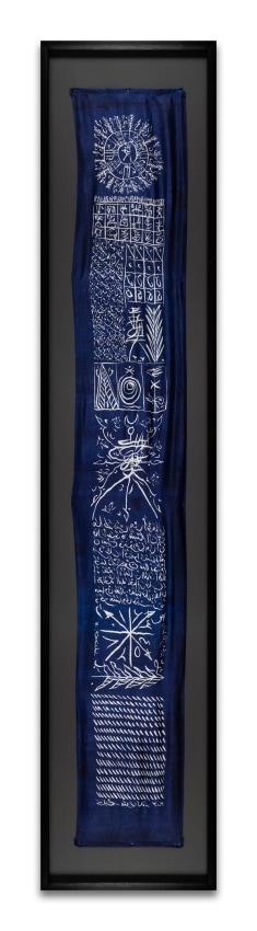 Rachid Kora&iuml;chi, From the series Les Sept Variations Indigo 20,&nbsp;2002,&nbsp;Serigraphy on Aleppo silk, ink, and paint,&nbsp;126 x 19 in