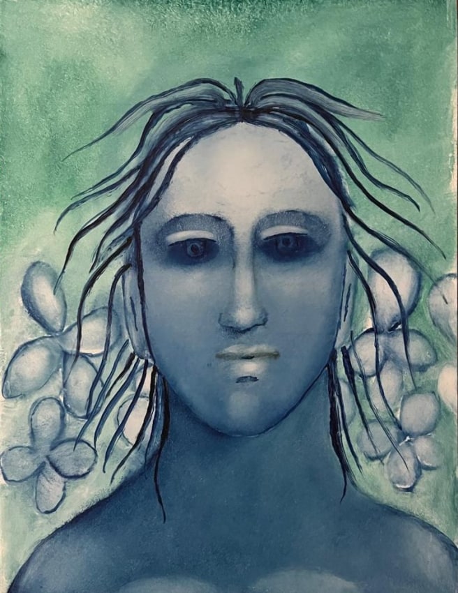 A human figure in dark blue and white tone with black strokes in green tone of background with flowers in blue and white tone