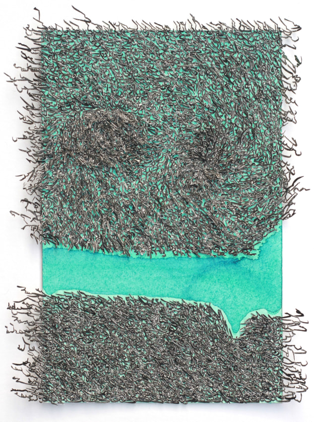 Ghulam Mohammad, Rabt I (Contacted), 2019, Iranian ink & paper collage on wasli, Frame size: 22.5 x 16.25 in