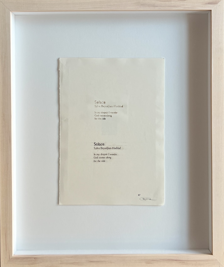 Youdhisthir Maharjan, Displaced Solace, 2017, Hand-cut text collage on reclaimed book pages, 9.5 x 6.75 in