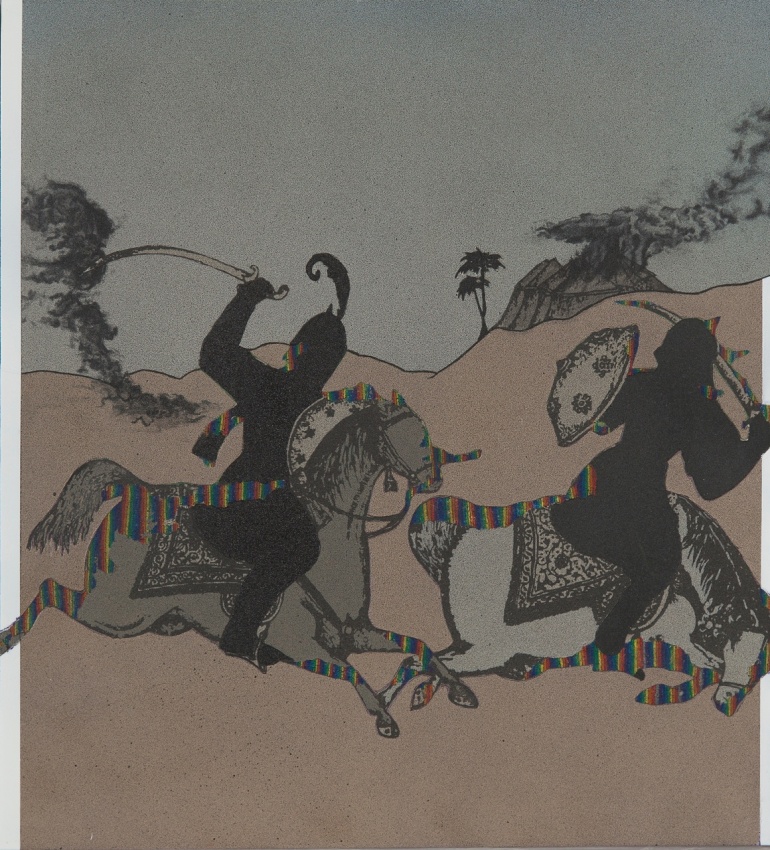 Saad Qureshi,&nbsp;The Sky Placed Us,&nbsp;2013,&nbsp;Oil, spraypaint and wax pencil on giclee print, 15.5 x 17.5 in