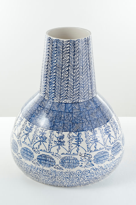 Rachid Kora&iuml;chi, From the series Les Sept Stations C&eacute;lestes,&nbsp;2018, Soft paste porcelain, blue and white oxide, 20 x 16 x 16 in.