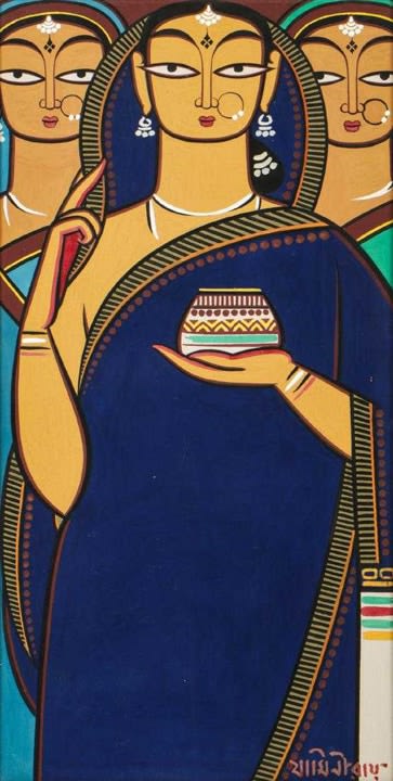 Jamini Roy, Untitled (Three Women), Tempera on card, 30 x 15 in