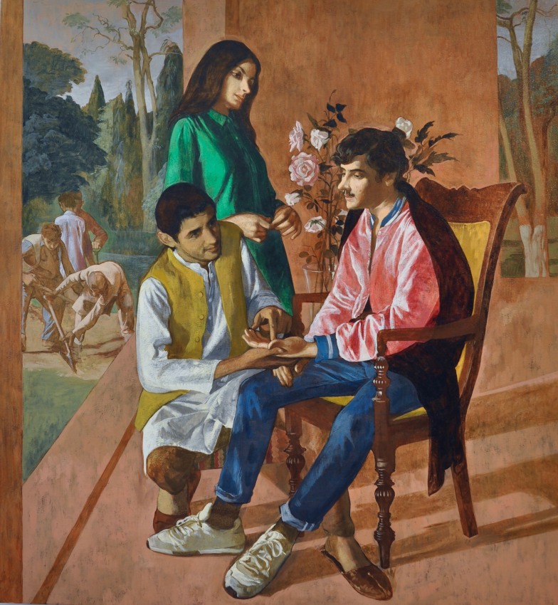 Salman Toor,&nbsp;The Palm Reader (Large),&nbsp;2018,&nbsp;Oil on canvas,&nbsp;50.5 x 47 in