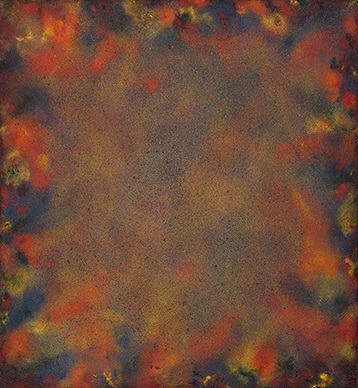 Abstract painting with blues, oranges and yellows