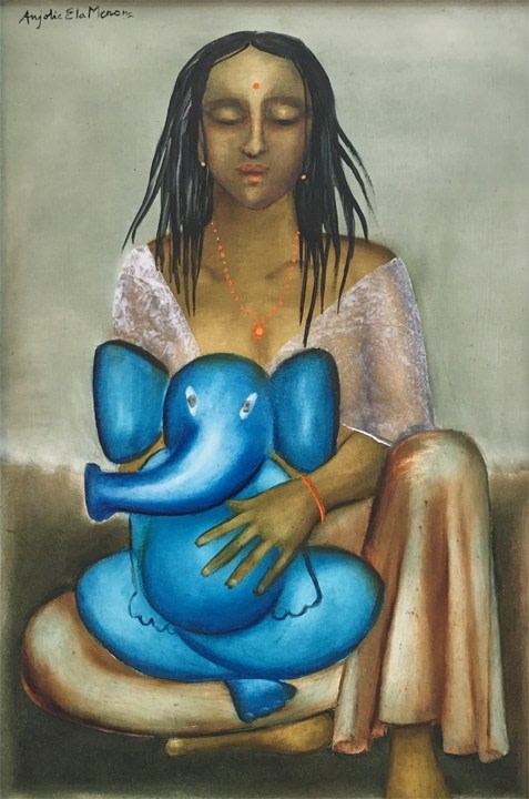 Anjolie Ela Menon,&nbsp;Parvati with Ganesh,&nbsp;2014,&nbsp;Oil on Masonite board, 36 x 24 in