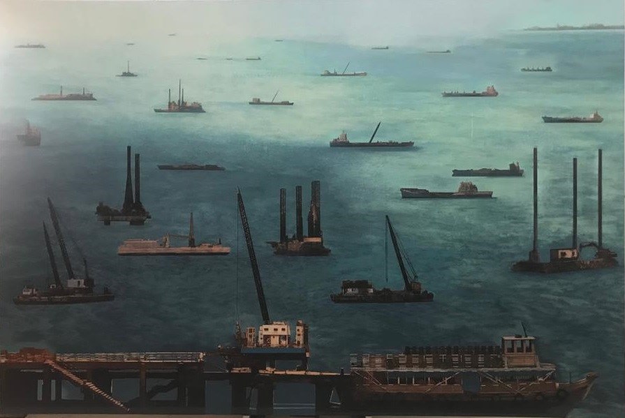 Nataraj Sharma, Ferry to Mandawa, 2018, Oil on canvas, 60 x 84 in