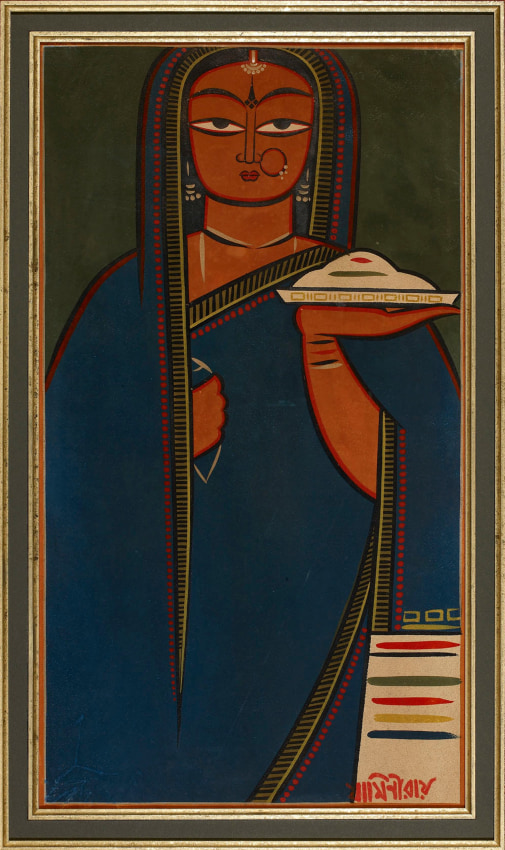 Jamini Roy, Untitled (Pujarin), Tempera on card, 20.86 x 11.8 in