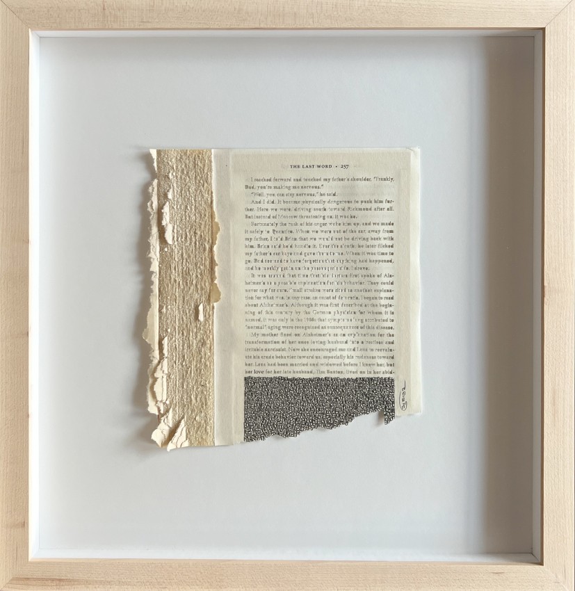 Youdhisthir Maharjan, The Last Word, 2019, Hand-cut text collage on reclaimed book pages, 7.75 x 7.25 in