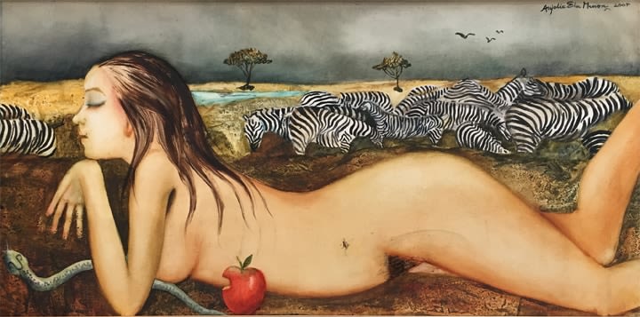 Anjolie Ela Menon,&nbsp;Eden,&nbsp;2005,&nbsp;Oil on Masonite board,&nbsp;24 x 48 in