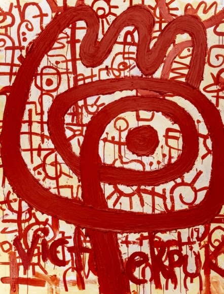 Victor Ekpuk, Composition in Red 1,&nbsp;2019,&nbsp;Acrylic on canvas,&nbsp;66 x 48&nbsp;in