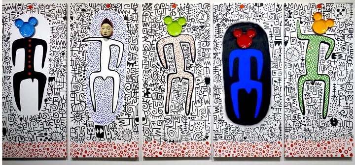 Victor Ekpuk, Mickey on Broadway,&nbsp;2014,&nbsp;Found objects on five&nbsp;wood panels,&nbsp;84 x 36&nbsp;in each