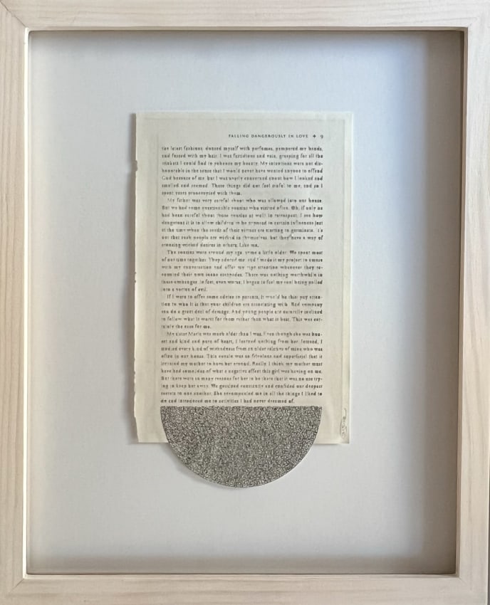 Youdhisthir Maharjan, Falling Dangerously in Love, 2017, Hand-cut text collage on reclaimed book pages, 10 x 5.75 in