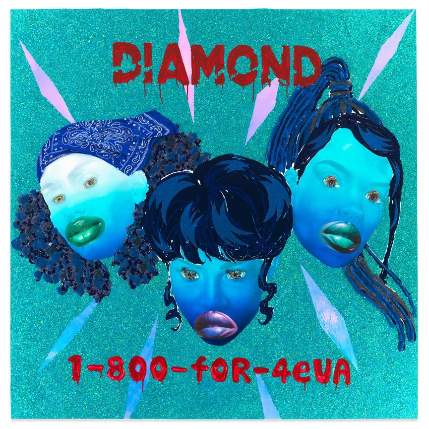 Devan Shimoyama,&nbsp;4EVA, 2020,&nbsp;Oil, colored pencil, glitter, collage, fabric and jewelry on canvas stretched over panel,&nbsp;72 x 72 inches,&nbsp;182.9 x 182.9 cm,&nbsp;MMG#32713,&nbsp;Courtesy of the artist and De Buck Gallery, New York