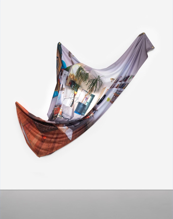 Baseera Khan, Wealth and Ancestors (Living Room), 2020, 9oz Polyester Matte backdrops, grommets, wood, foam, muslin, microphone stands, selfie light, 80 x 91 x 16 inches, 203.2 x 231.1 x 40.6 cm,&nbsp;MMG#33082