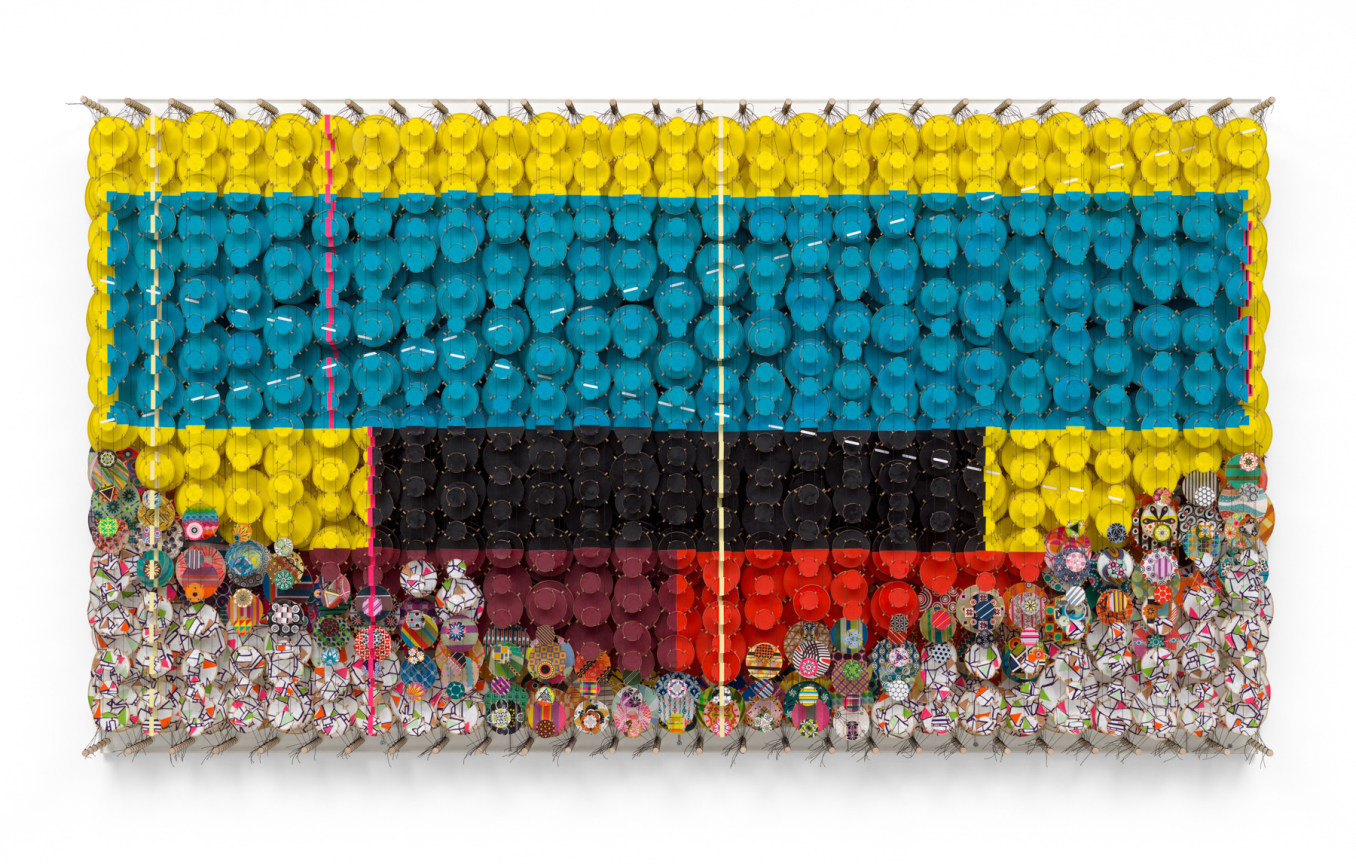 Groundwater, 2024, Acrylic, bamboo, paper, wood, and Dacron,