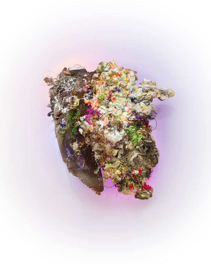 Glazed and Confused: Rockin&#039; Lobster Majolica, 2024, Hexcomb cardboard, pigmented expanded foam, steel, wire, faux flowers, umbrella frames, 108 x 84 x 26 inches, 274.3 x 213.4 x 66 cm, MMG#37364