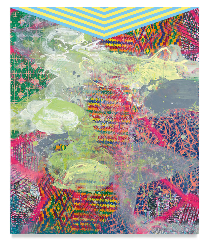Cosmology, 2020, Acrylic, oil, spray paint, African cloth, glitter and color pencil on wood panel, 72 x 59 3/4 inches, 182.9 x 151.8 cm, MMG#32825