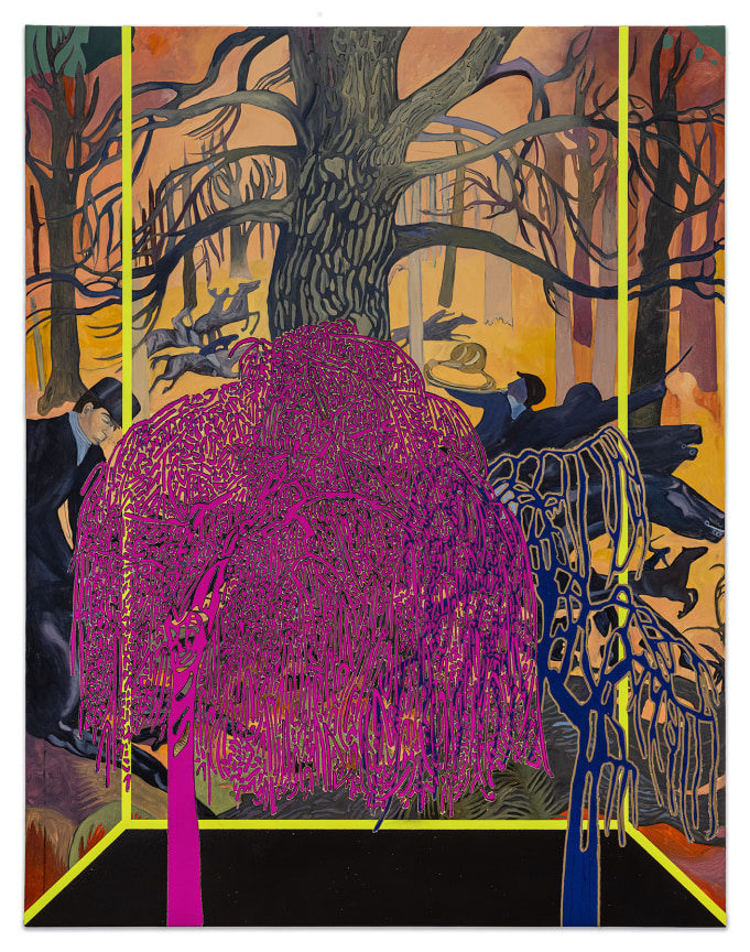 Whitney Bedford, Veduta (Denis the Hellish Hunt), 2024, Ink and oil on nylinen on panel, 46 1/4 x 36 x 2 inches, 117.5 x 91.4 x 5.1 cm, MMG#37161&nbsp;