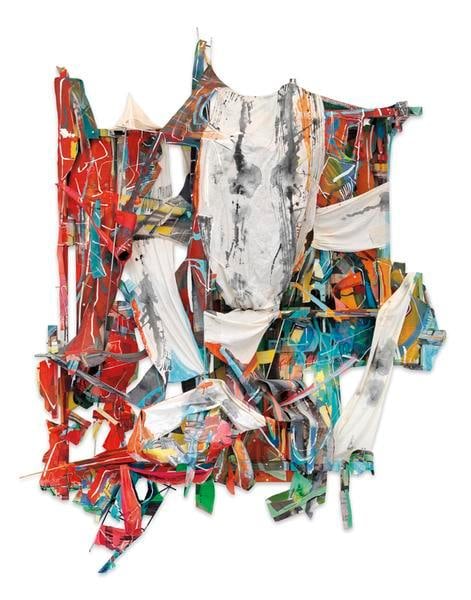 Talisman Debris, 2016, Acrylic and collage on canvas, wood and steel, 90 x 68 x 26 inches, 228.6 x 172.7 x 66 cm, AMY#28303