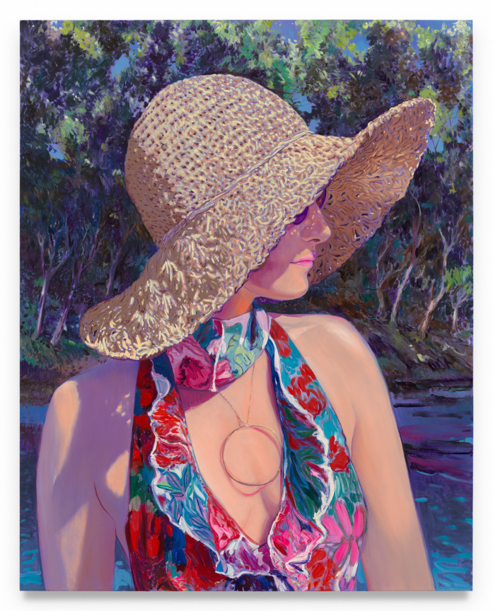 Isca in a Floral Sundress Sunhat, 2024, Oil on canvas, 84 x 60 inches, 213.4 x 152.4 cm, MMG#37228