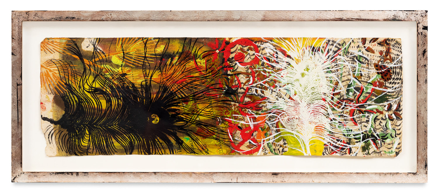 Udaipur 18, 2013,&nbsp;Oil stick, encaustic, vintage Indian paper, in artist&#039;s frame,&nbsp;9.5 x 21.25 inches,&nbsp;24.1 x 54 cm,&nbsp;MMG#30621