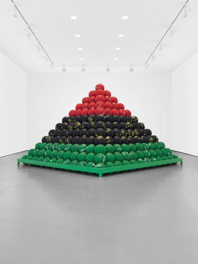 Liberation, 2019, Rubber basketballs official size, wood frame, bluetooth speaker,&nbsp;90 x 120 x 120 inches,&nbsp;228.6 x 304.8 x 304.8 cm,&nbsp;MMG#31631