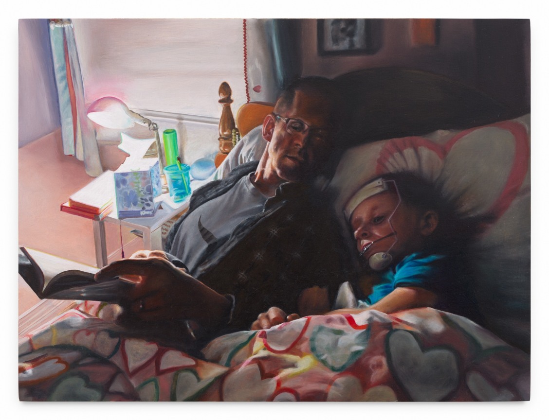Reading to Clare, 2023, Oil on panel, 7 1/2 x 10 1/8 inches, 19.1 x 25.7 cm, MMG#37612