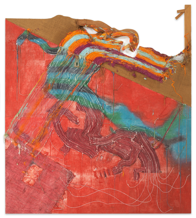 Fabian Marcaccio, The Altered Genetics of Painting Series, 1991, Oil and silicone on printed fabric and burlap, carved wood, 84 x 74 x 2 5/8 inches, 213.4 x 188 cm,&nbsp;MMG#33152