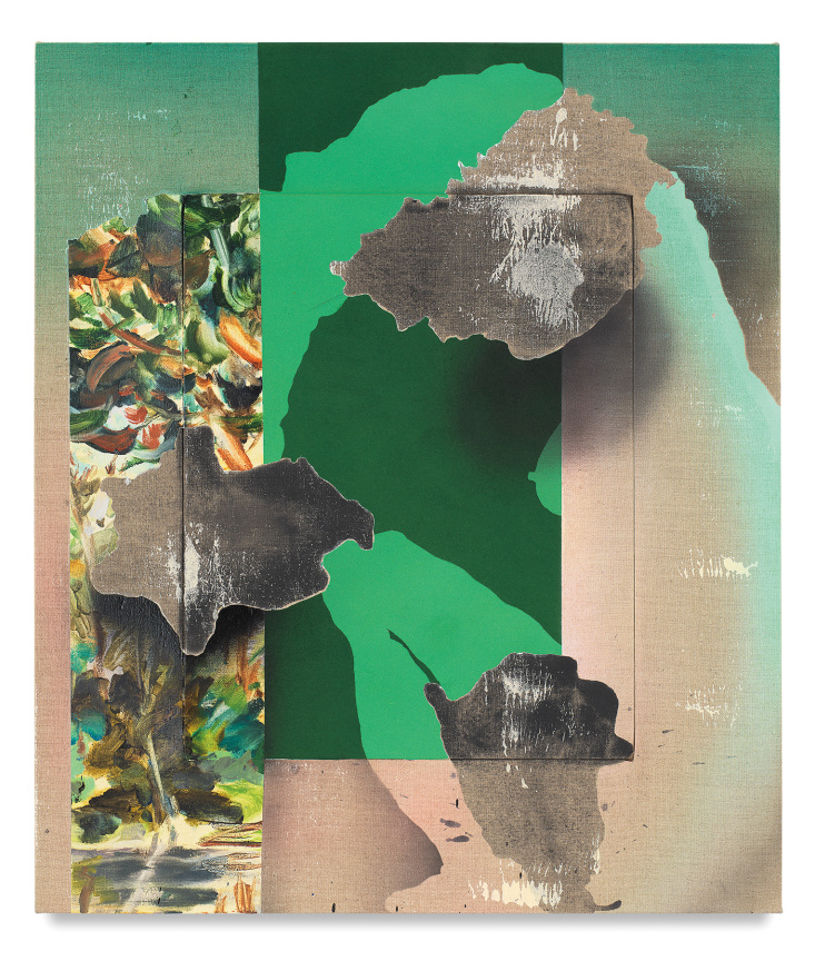 To Sit and Think, 2018,&nbsp;Oil, acrylic, charcoal, flocking and vinyl paint on linen,&nbsp;30 x 26 x 3 inches,&nbsp;76.2 x 66 x 7.6 cm, MMG#30029