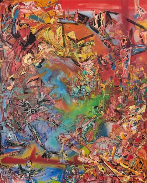 Iva Gueorguieva, Scuttled Trophies, 2014, Acrylic, collage, and oil on canvas, 100 x 80 inches, 254 x 203.2 cm, A/Y#22158