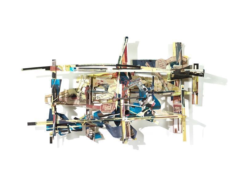 Saw Ripple, 2013, Acrylic, oil, collage, paper, linen, muslin, and wood, 58 x 96 x 30 1/2 inches, 147.3 x 243.8 x 77.5 cm, A/Y#20943