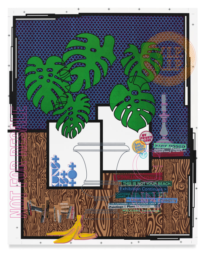 Potted Plant Portrait (V.I.P. R.I.P.), 2022, Acrylic and metal leaf on canvas, 64 x 51 1/4 inches, 162.6 x 130.2 cm, MMG#34671